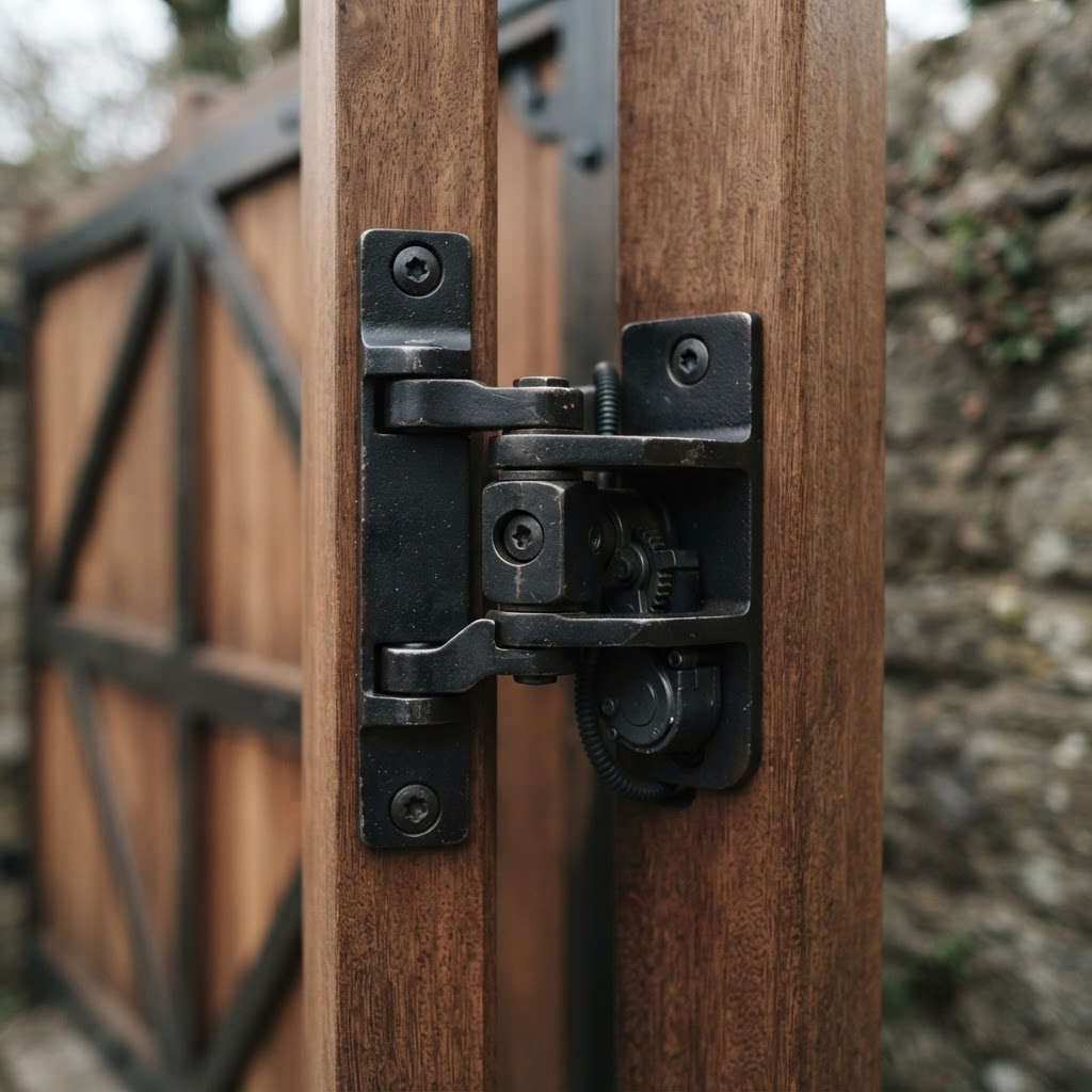 Close-up detail of a beautifully crafted dark steel automated gate and iroko timber