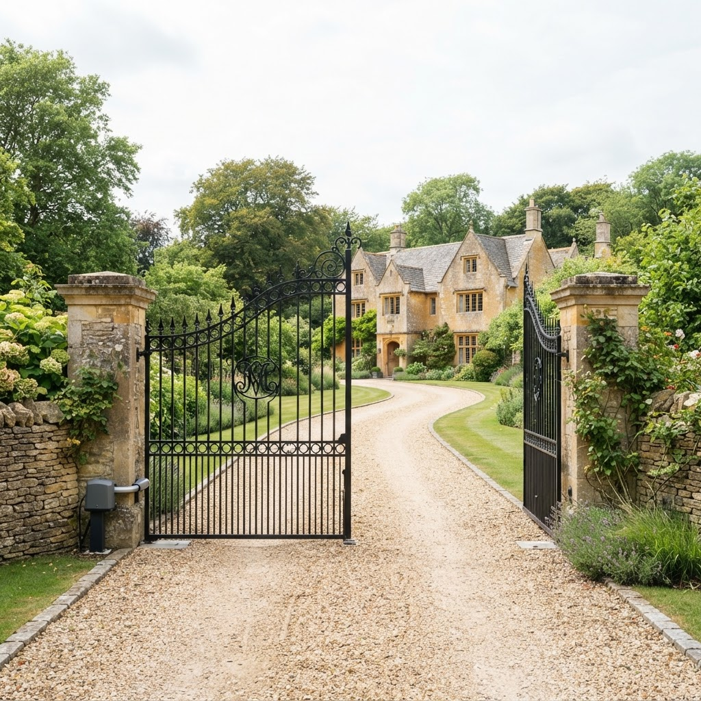 Automated wrought-iron entrance gate opening onto the driveway of a Cotswold stone country house